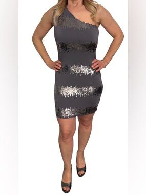 Josh Brody Glam One-Shoulder Pewter Mini Dress With Silver Sewuind